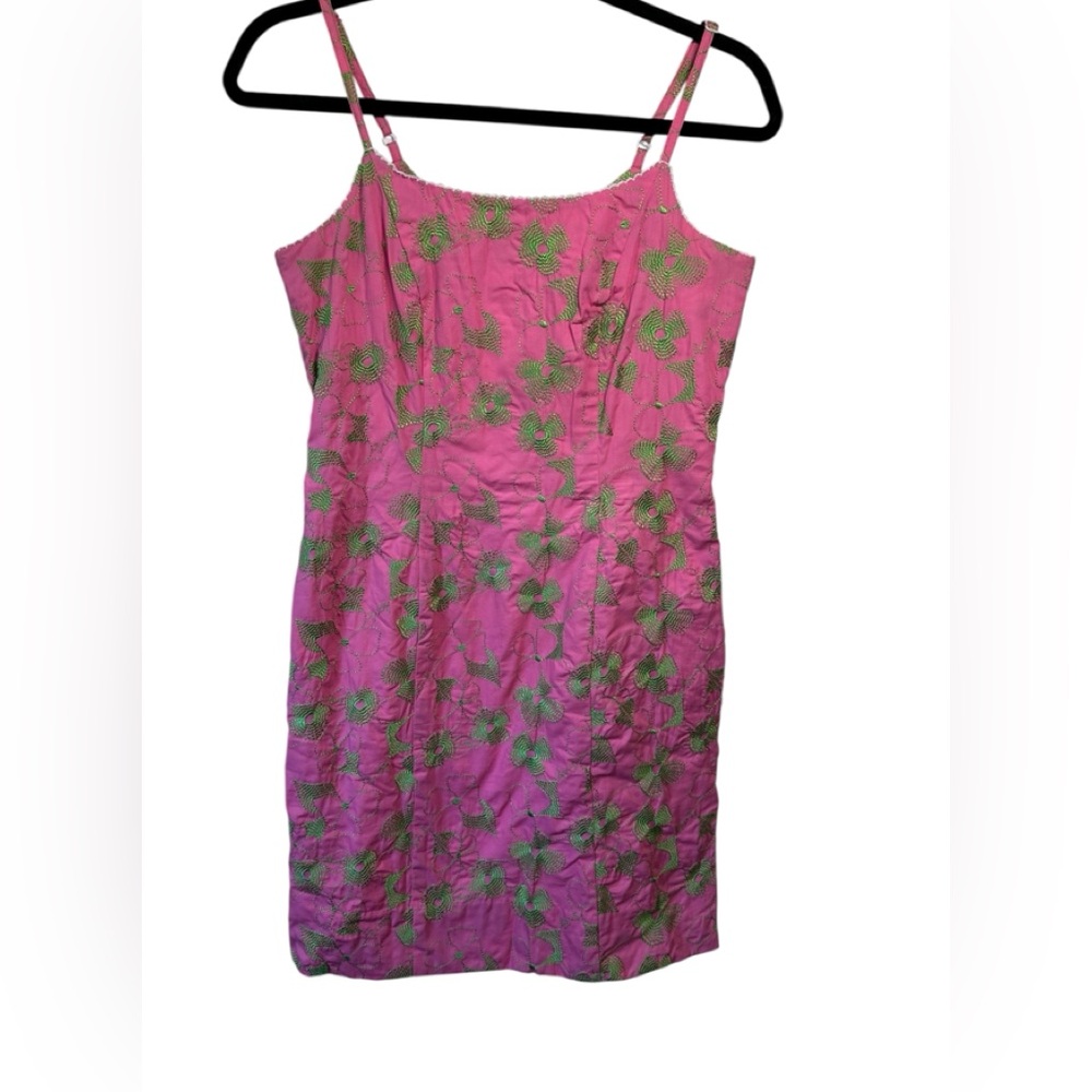 Lilly Pulitzer VTG White Label‎ Sheath Embroidered Floral Pink and Green Dress